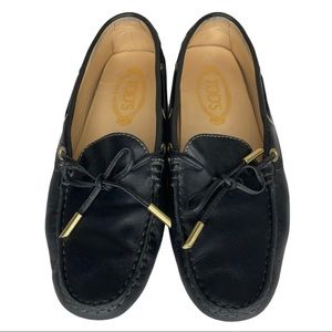 Tod's Black Leather Loafers with Gold Accents